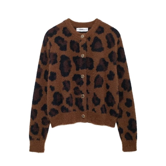 JIAYUE Women Fuzzy Sweater Jacket Leopard Print Crew Neck Button‑Front Long Sleeve Cropped Knit Cardigan for Party Wear