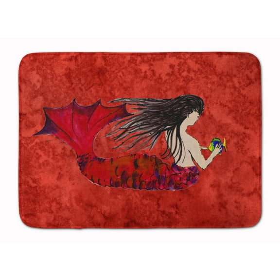 Black Haired Mermaid on Red Machine Washable Memory Foam Mat