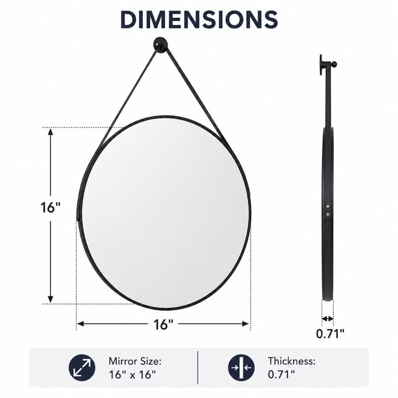 Easy4Home 16" Round Bathroom Mirror Vanity Mirror Wall Mounted with Leather Hanging Strap, Black