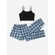 thumbnail image 2 of Conjunto de pijama a cuadros de 3 piezas para mujer, conjunto de pantalones cortos con pantalones, ropa de dormir Azul M Azul M Xishao ropa, 2 of 2