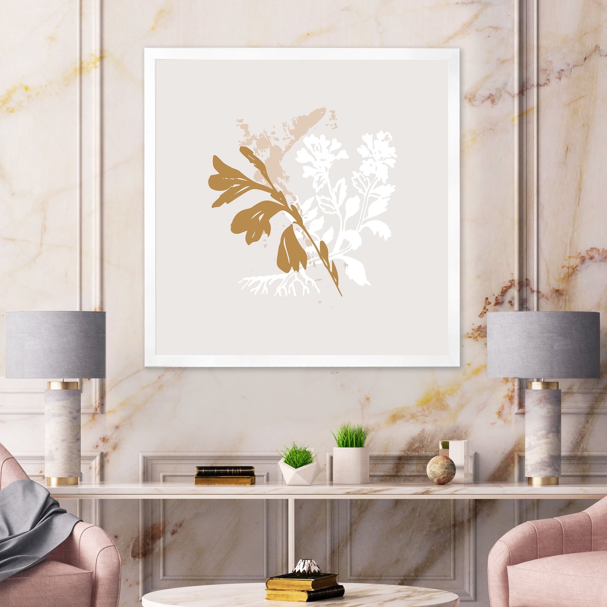 Designart 'Minimal Botanical Design In White and Brown' Traditional Framed Art Print