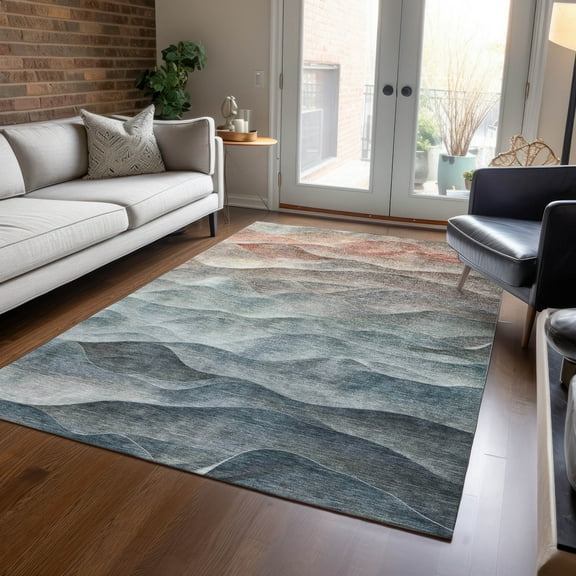 Addison Rugs Chantille Indoor/Outdoor Transitional Waves Teal Washable Rectangle Rug, 10' x 14'