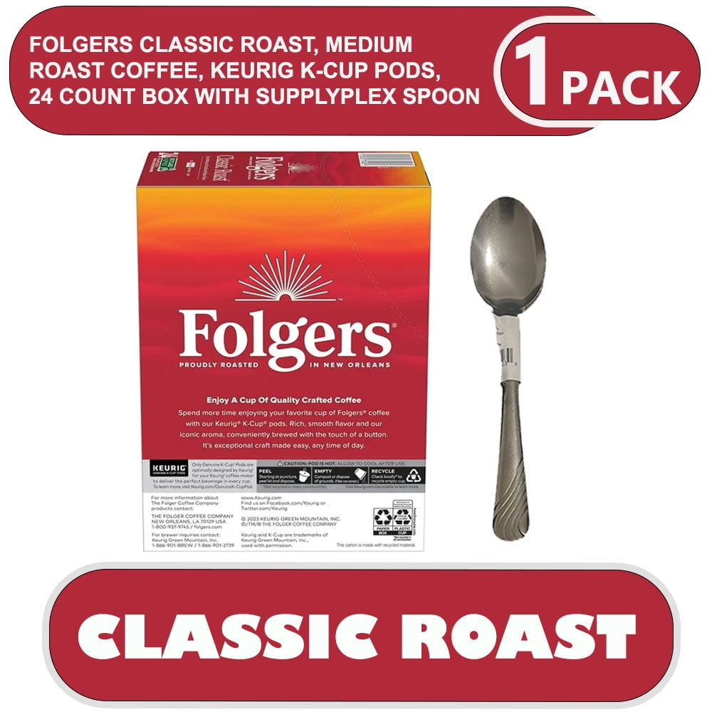 Folgers Classic Roast, Medium Roast Coffee, Keurig K-Cup Pods, 24 Count Box With supplyplex spoon