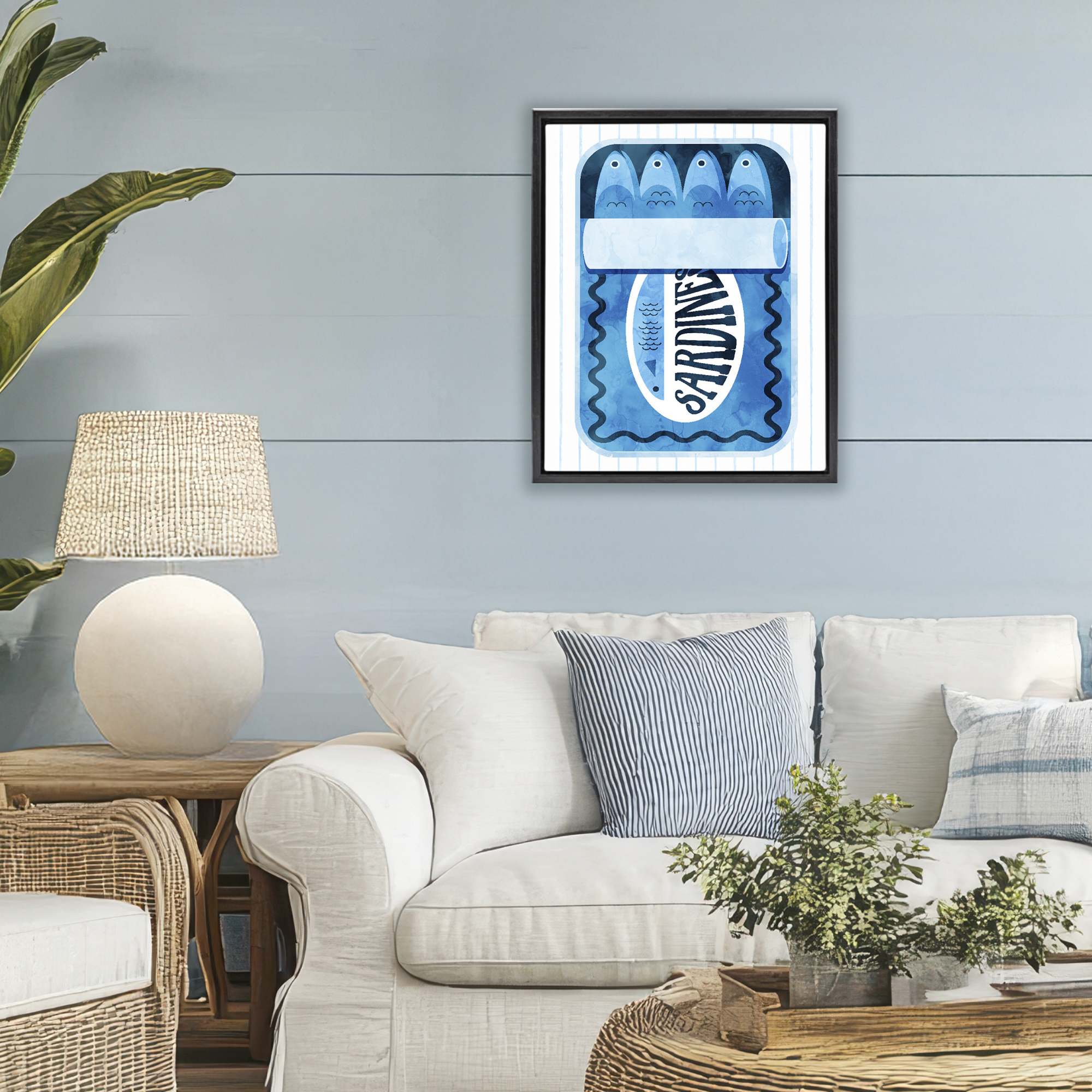 Blue Sardine Tin Over Stripes Black Framed Floater Canvas Wall Art, design by Daphne Polselli