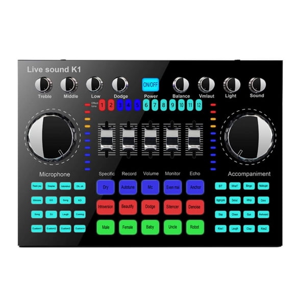 CALIDAKA Mini tablero mezclador de sonido Bluetooth Tarjeta de sonido en vivo para transmisión en vivo Cambiador de voz Tarjeta de sonido con efectos de sonido Mezclador de audio para grabación de mús