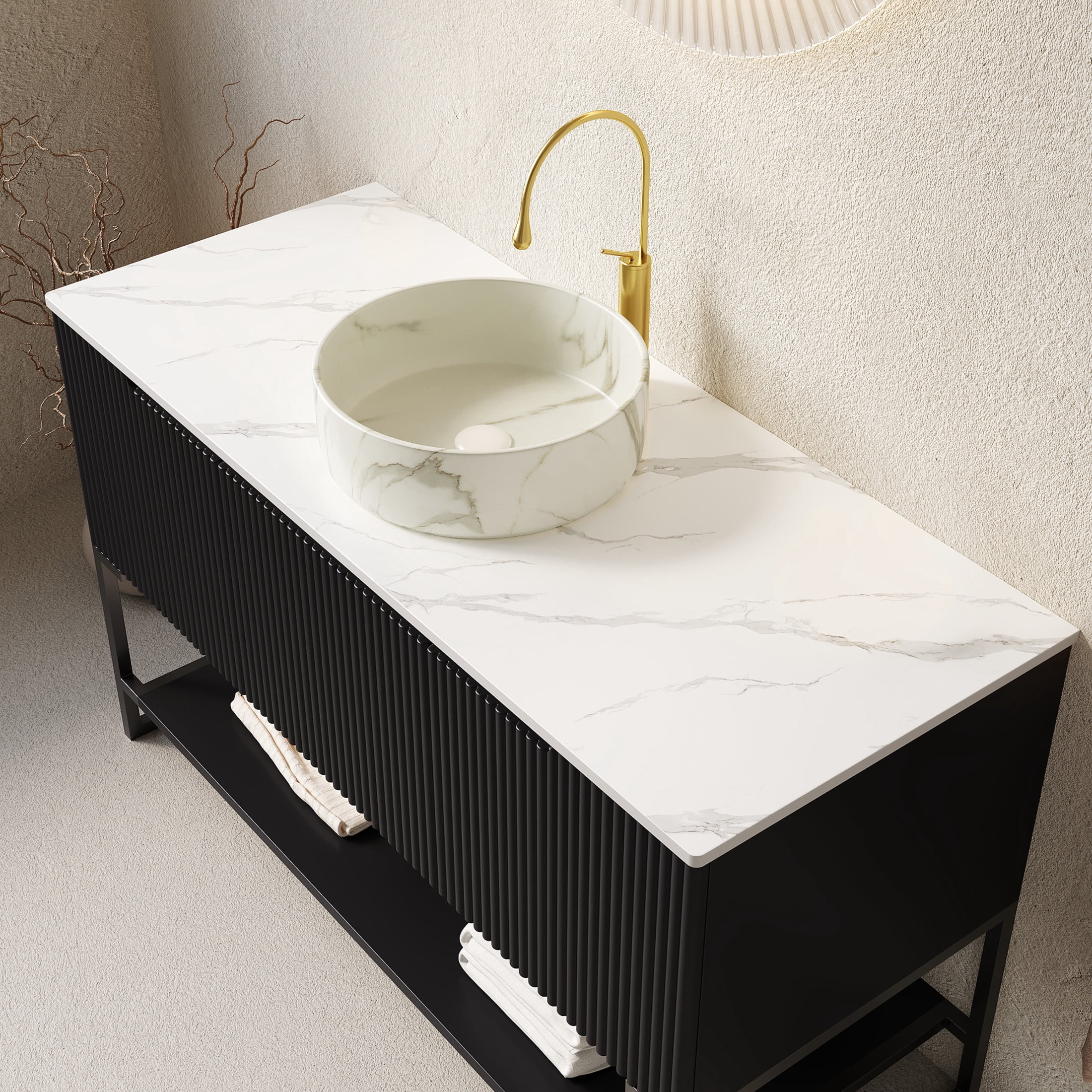Noble House Tulio 48" Freestanding Bathroom Vanity with Sintered Stone Countertop, Stone Round Ceramic Basin, Black