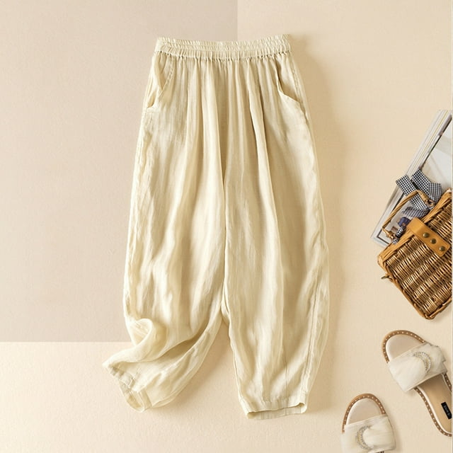 TACILIP Linen Pants Women, Ladies Solid Color Double Layer Loose Cropped Pants, Fashion Clothing
