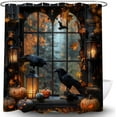 thumbnail image 4 of Orange Halloween Pumpkin Shower Curtain Scary Black Crow Gothic Castle Retro Window Horror Vintage Fall Autumn Maple Leaves Spooky Bathroom Curtain with Hooks-72"W x 96"L (Pack of 1), 4 of 7