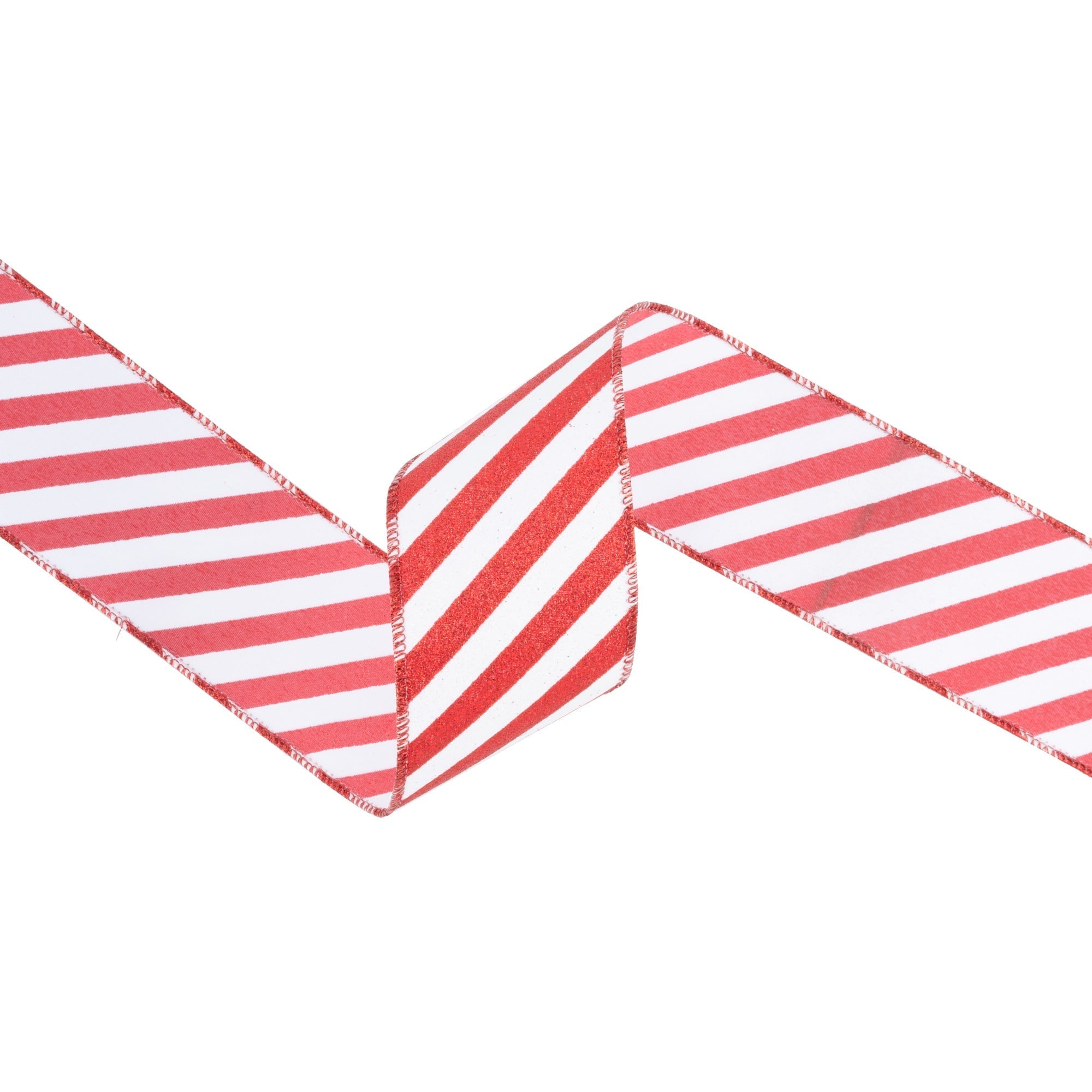 LaRibbons 2 1/2" Wired Ribbon, Red Glittered Diagonal Stripes on White, 10 Yard Roll