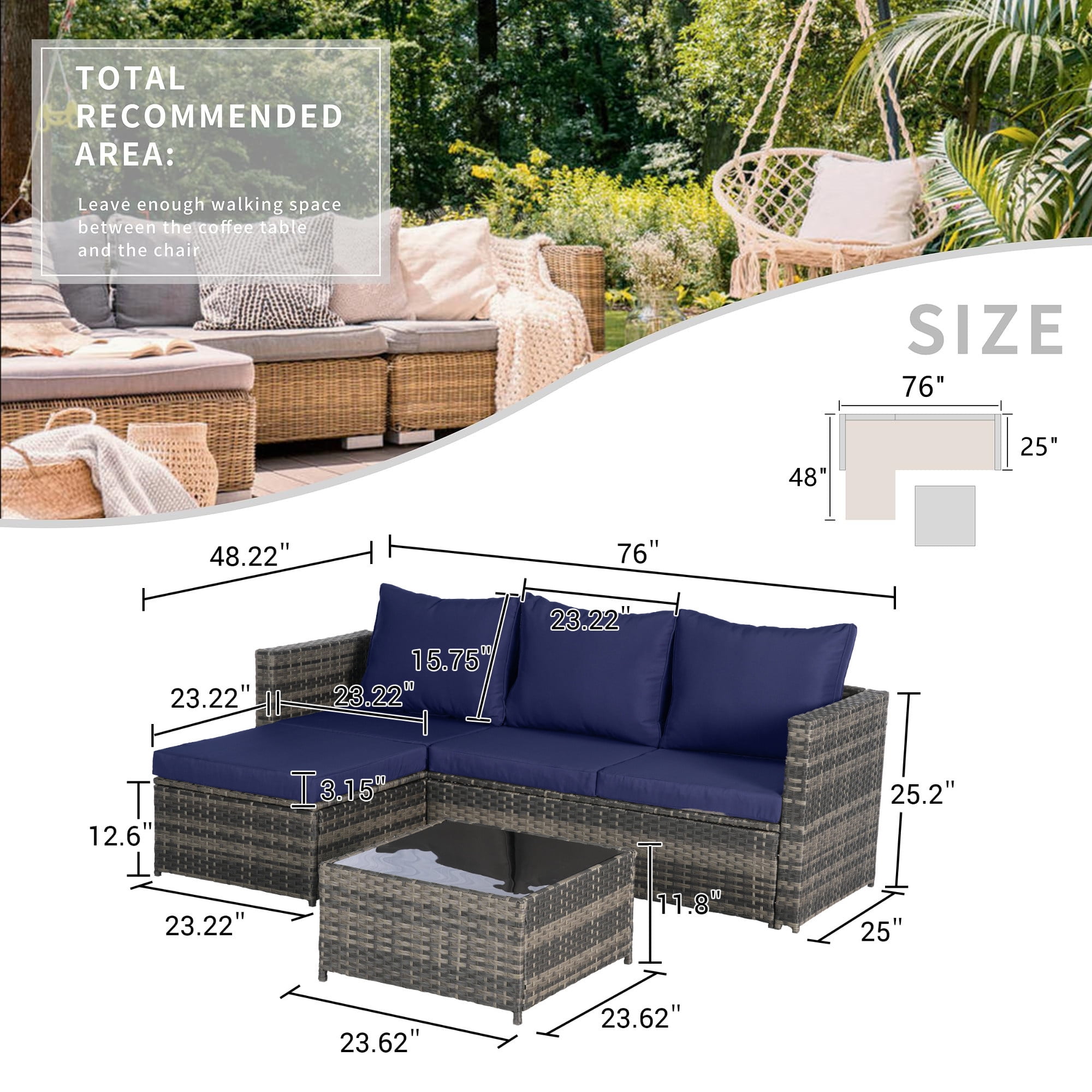 Aukfa Outdoor Patio Furniture Set - L shape Wicker Sectional Sofa with Coffee Table - Navy Blue Cushions