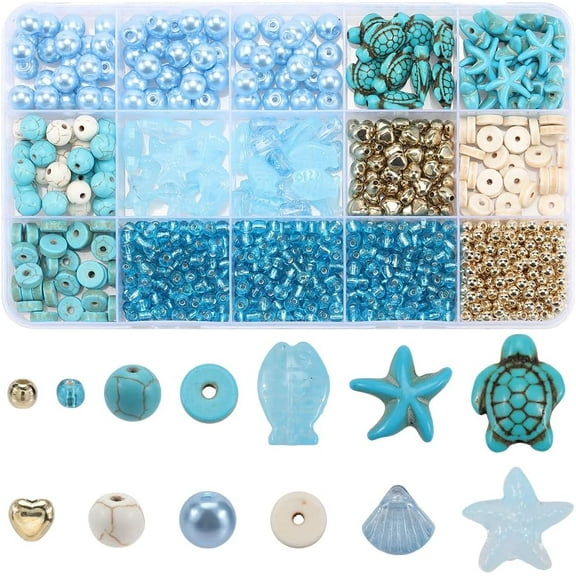 1 Box 1080Pcs Ocean Beads Kit Hawaii Summer Sea Animal Beads Turtle Starfish Scallop Fish Blue Glass Gemstone Turquoise Spacers for Jewelry Making DIY Earrings Bracelet Necklace Crafts Colorful DIY