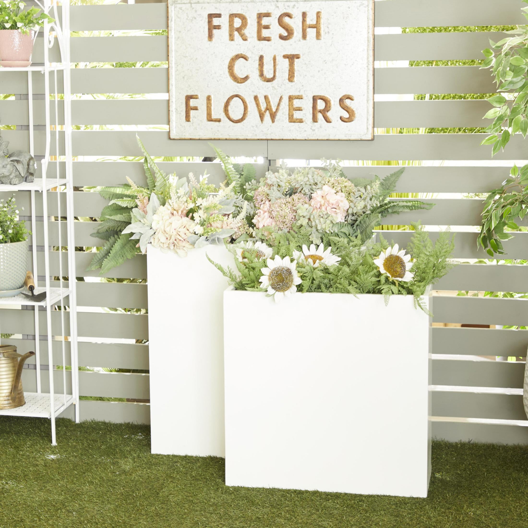 DecMode White Metal Rectangular Indoor Outdoor Planter, Set of 2 28", 24"H