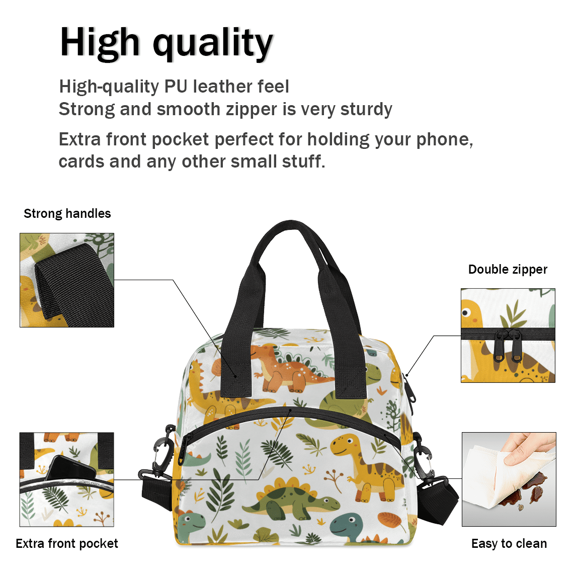 Herdesigns Dinosaur Insulated Lunch Bag for Women Men Adults Large Reusable Lunch Box Cute Dino Leakproof Cooler Tote Bags with Adjustable Shoulder Strap