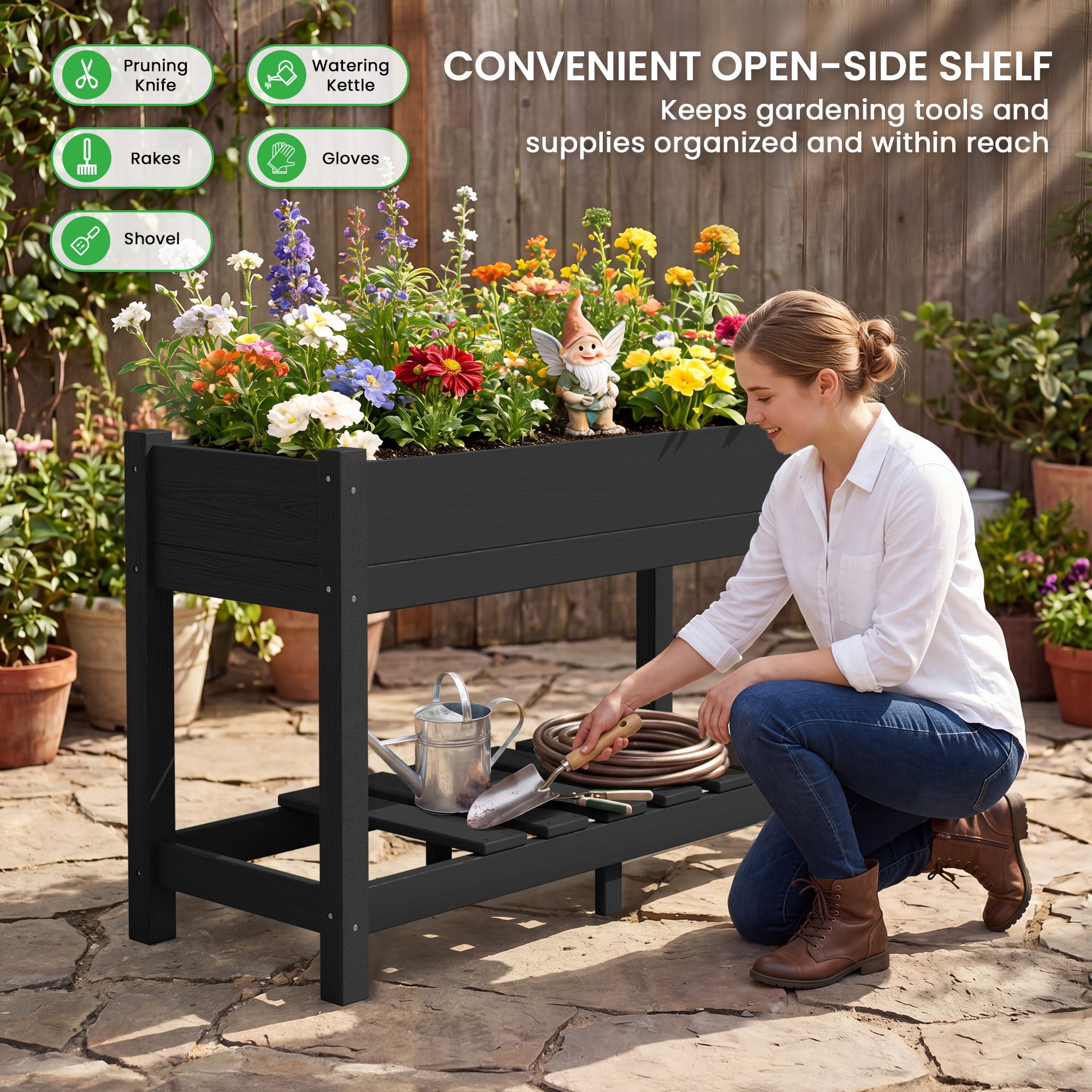 SERWALL HDPE Raised Garden Bed with Legs, 43"x16"x30" Elevated Planter Box, Outdoor Planter for Vegetables Flowers, 2-Piece, Black