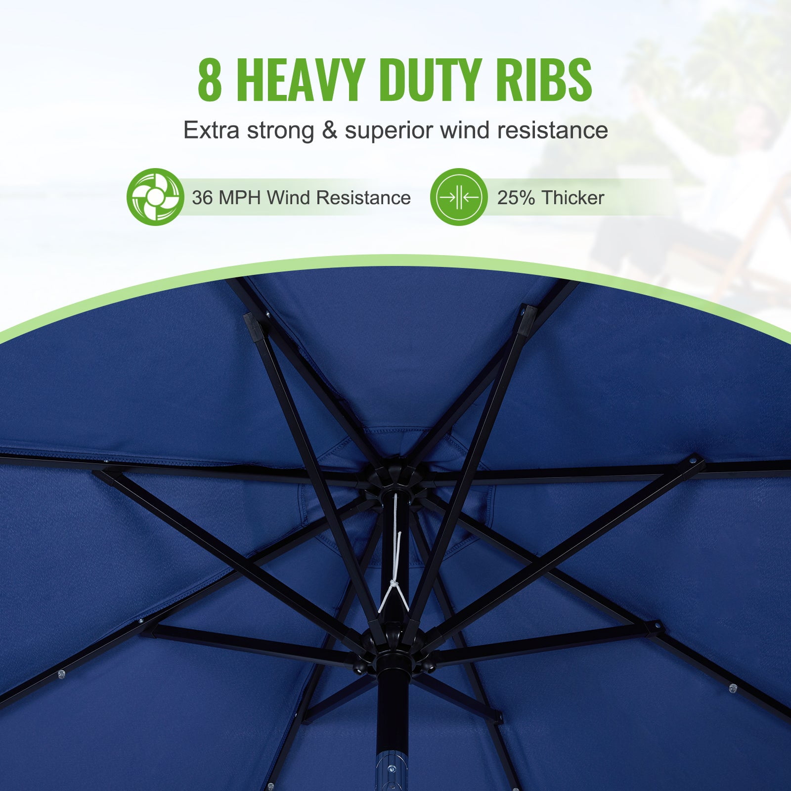 Backyard Expressions 9ft Solar Patio Umbrella with 32 LED Lights – Outdoor Market Umbrella with Tilt & Crank, Solar-Powered Lighting, Water-Resistant Fabric for Patio, Deck, Garden, Pool