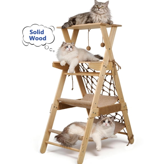 VGBYUJ Cat Tree Tower for Large Cats, 43.3" Multi-Level Wooden Cat Hammock & Sisal Scratching Posts Cat Condo, Outdoor Indoor Activity Center