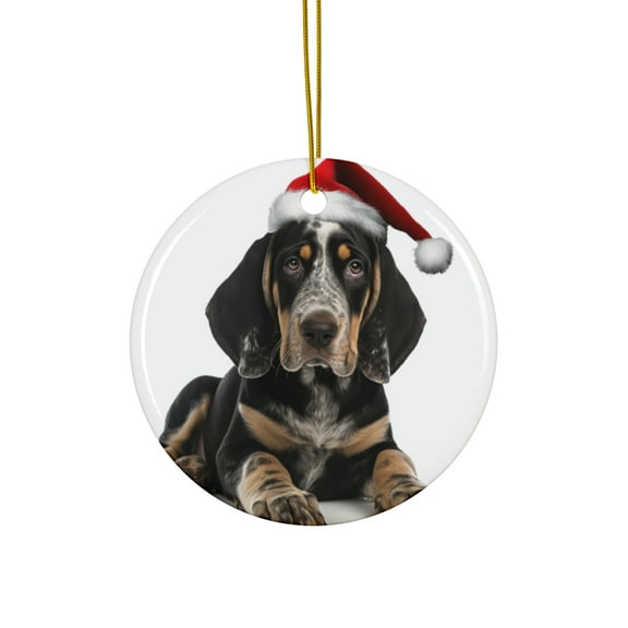 DistinctInk Hanging Ceramic Christmas Tree Ornament with Gold String - Great Gift/Present - 2 3/4 inch Diameter - Bluetick Coonhound Puppy Design