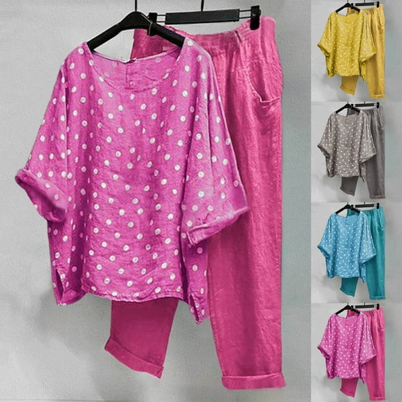 Dazajoo 2 Piece Linen Set for Women Long Pants Baggy Loose Cotton Linen 3/4 Sleeve Tops Plus Size Summer Outfits Casual Sets Holiday Sales,Blue,M