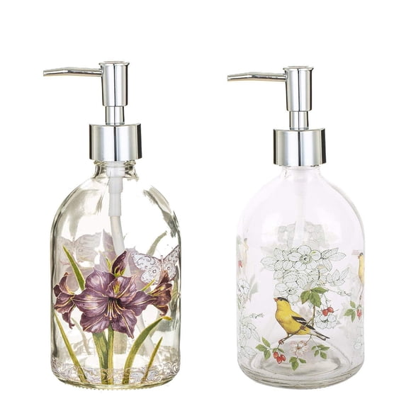 Botella dispensadora de jabón y loción de vidrio de 17 oz con bomba de plástico a prueba de óxido, botella de bomba de líquido recargable, ideal para cocina, baño, accesorios de baño, encimera, juego