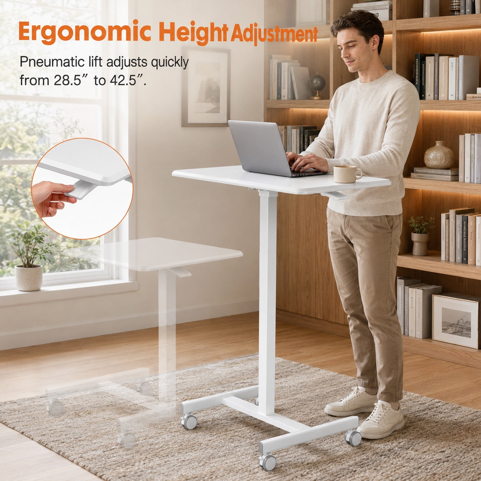 Alvantor Mobile Rolling Desk with Wheels Adjustable Height, Portable Rolling Laptop Desk with 2 Lockable Wheels, Adjustable Height Computer Workstation for Home Office
