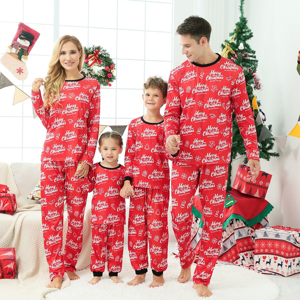 Koolyou Merry Xmas Mommy And Me Clothes Family Matching Outfits Letter Printed Mom Dad Kids Clothing Sets Sleepwear Homewear Xmas Pyjama Red