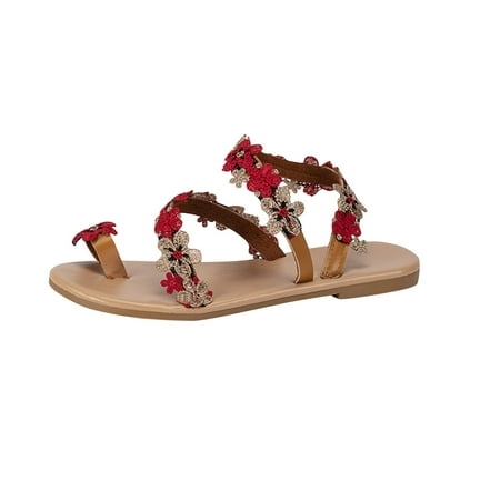 

LWVITH Clearance! Sandals for Women Clearance Flat Roman Shoes Ladies Bohomian Beach Holiday Summer Pearl Shoes Casual Toe Post Sliders Beach Pool Sandal #16 Red 9.5