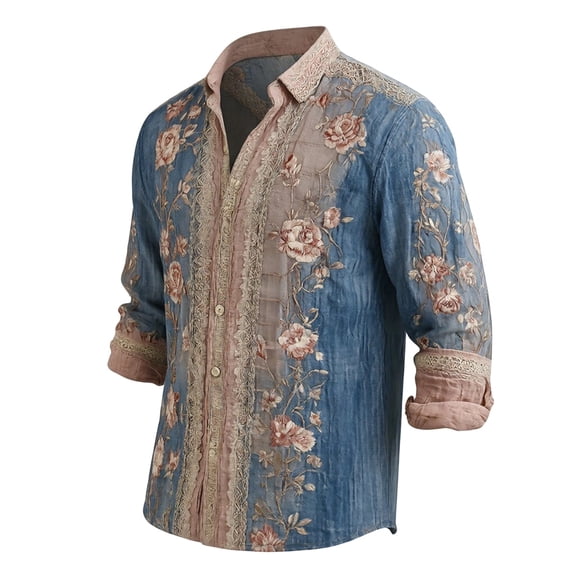 Mens Long Sleeve Floral Shirts Summer Casual Button Down Dress Shirts Wedding Party Holiday Shirt