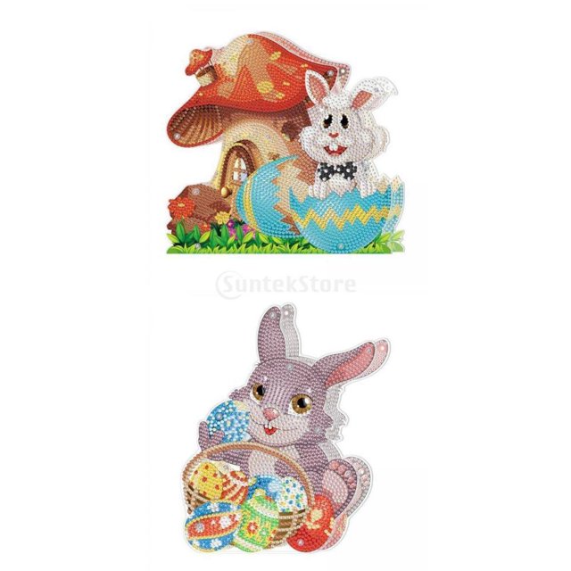 2X pintura de DIY decoración de conejos de Pascua dibujo de hecho a mano Baoblaze pintura de diamantes