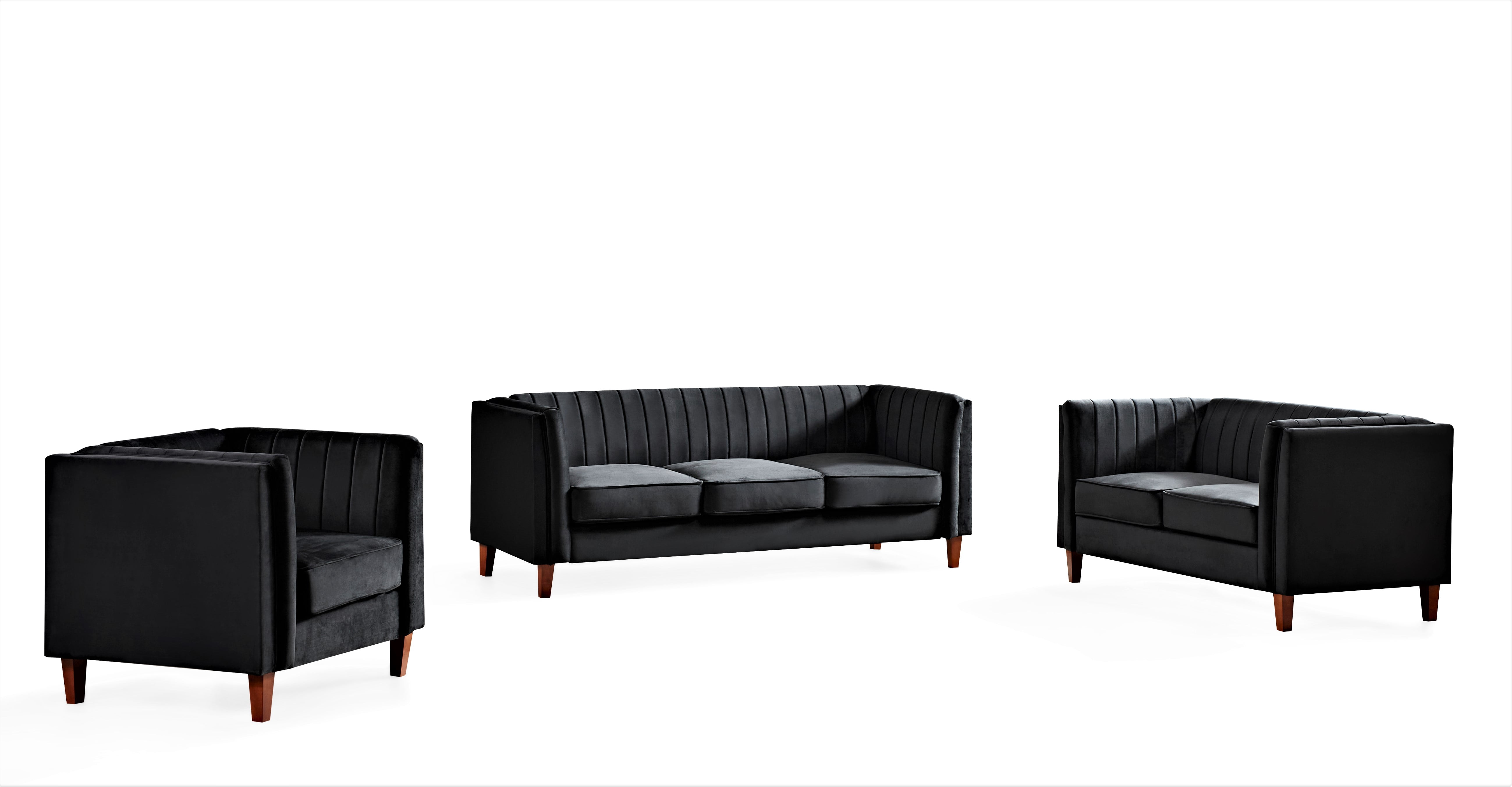 Uspridefurniture Plainfield Line Tufted Square 3Pcs Living Room set, Black Velvet