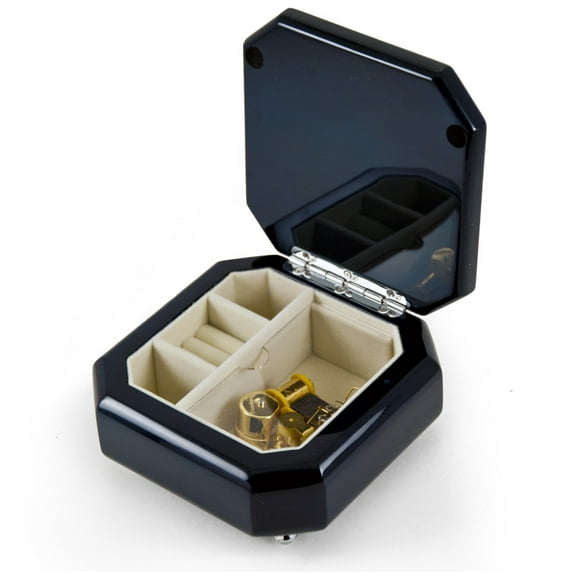 Modern Metallic Midnight Blue Beveled Musical Jewelry Box - Ave Maria, de Lourdes