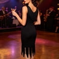 thumbnail image 4 of SPZTSX Womens Sleeveless V Neck Fringed Midi Bodycon Dress Black Cocktail Party Evening Gown Formal Club Night Out Dress, 4 of 7