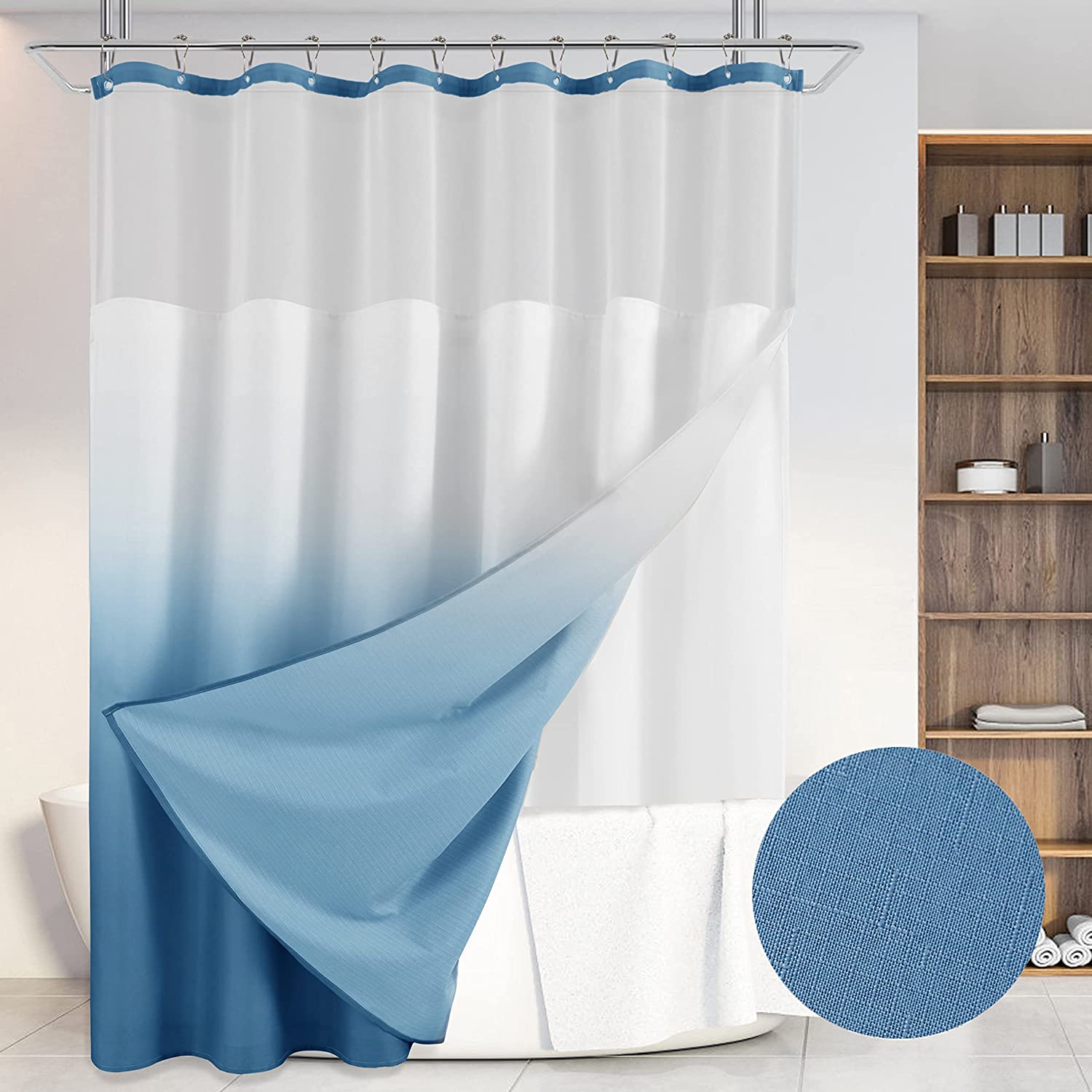 Modern Ombre Blue Grey Hotel Style Shower Curtain Set with Sheer