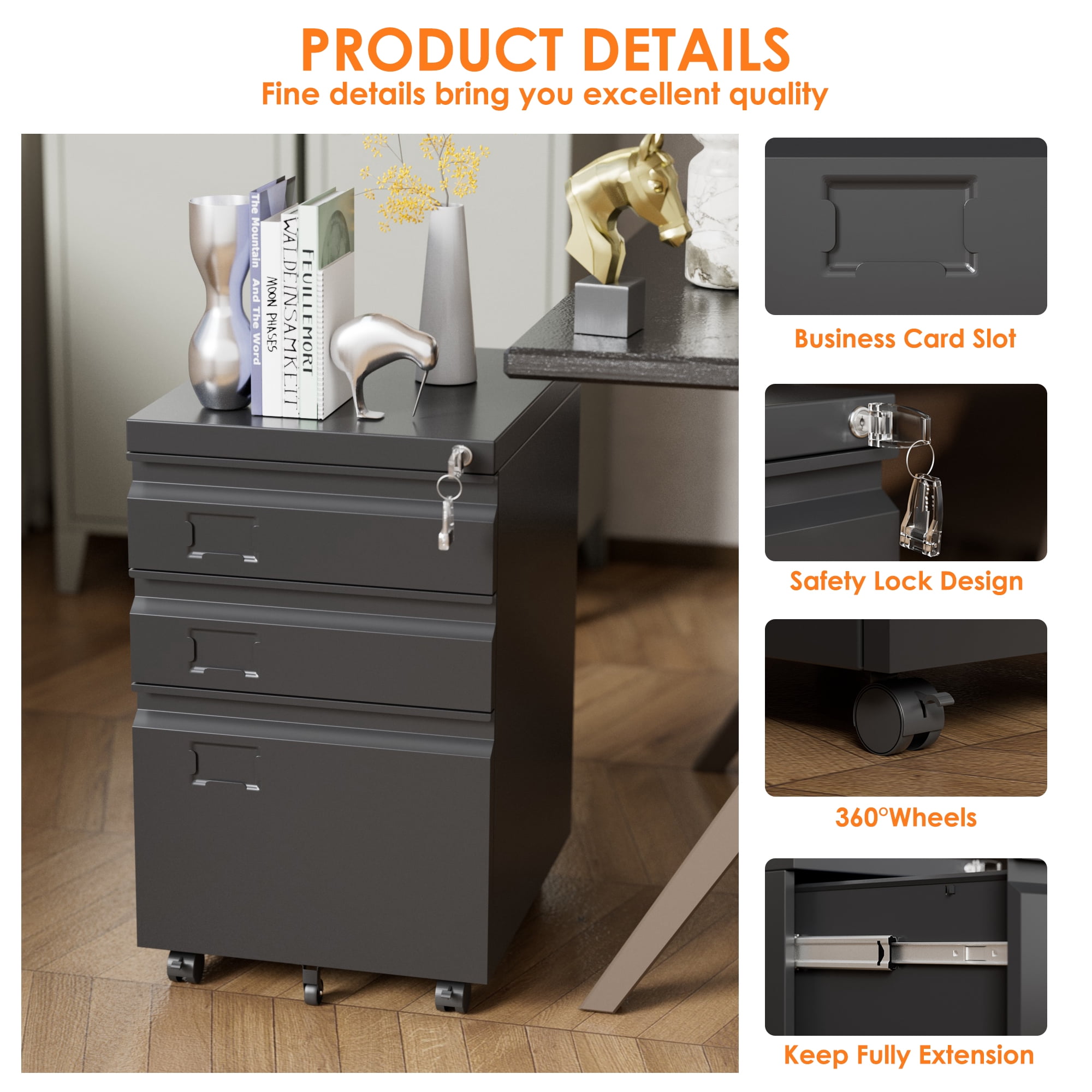 SUPEER 3 Drawer Vertical File Cabinet with Lock,Mobile File Cabinet for Letter,Legal,Under Desk Filing Cabinet for Office,Home,Assembly Required  (Black)