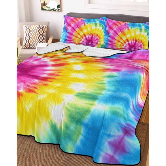 Colorful Boho Twin Size Down Alternative Comforter,Lightweight Comforter Quilt Bedding Set with Pillow Shams Pink Yellow Blue Green Tie Dye Abstract Art All Seasons Bed Comforter Duvet Insert 68"x86"