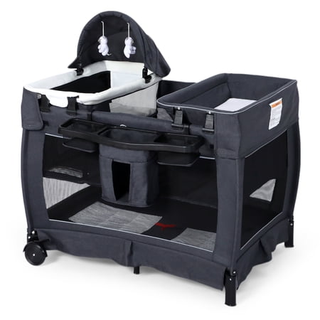 LINLUX Pack and Play w/ Bassinet & Changing Table Baby Playard for Toddler Newborn Crib Baby Bed Dark Gray