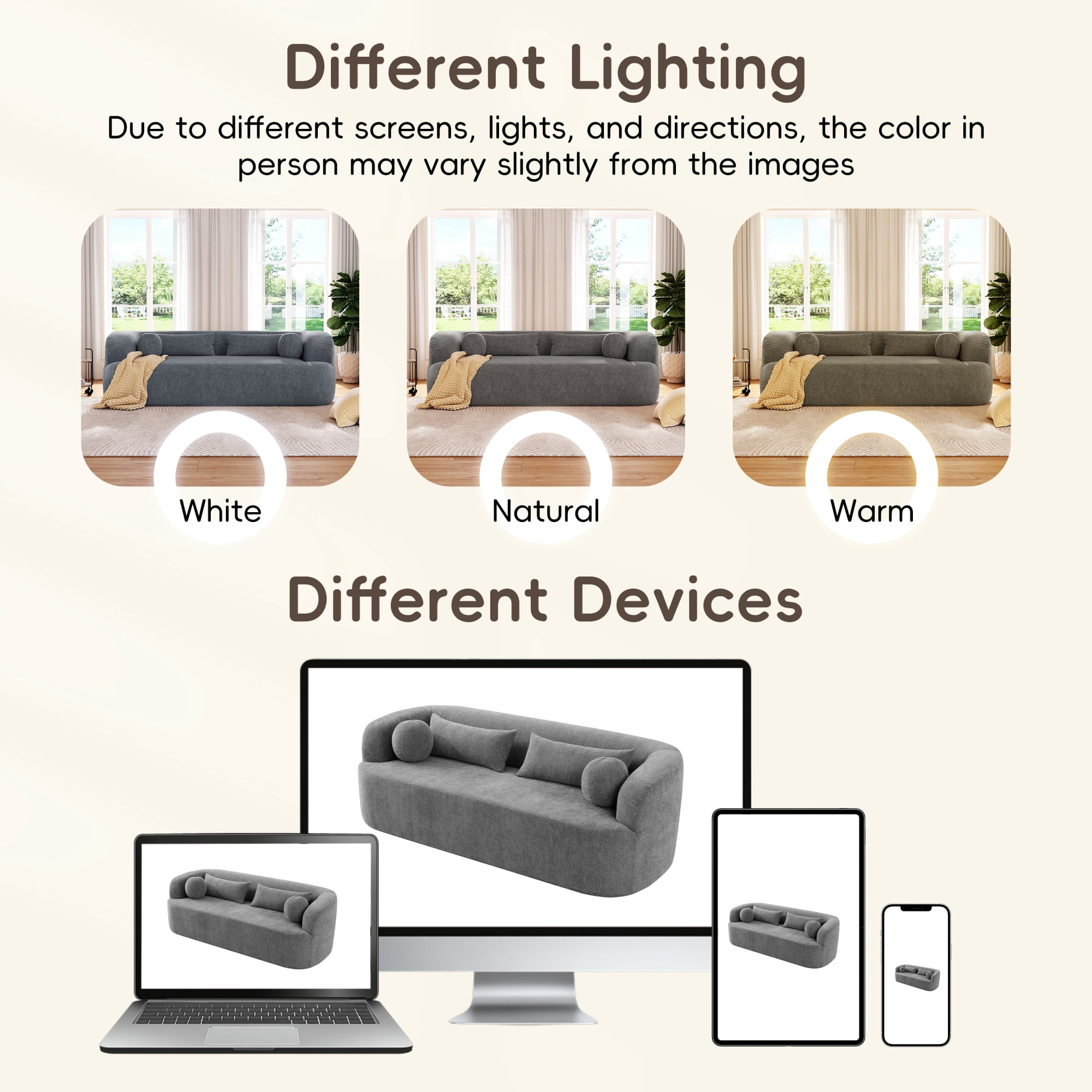 Leumius 86" Chenille Boneless Couch, Upholstered Sofa with Pillows, No Assembly Curved Cloud Couch with High-Density Foam, 3-Seater Luxury Modern Compressed Sofa for Living Room&Apartment Gray