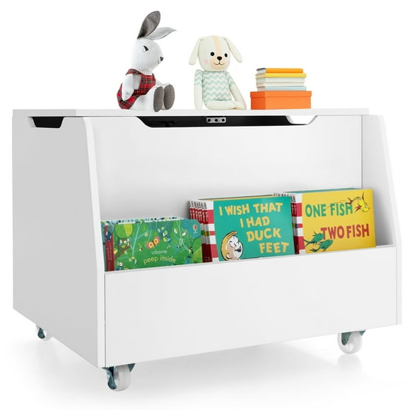 Gymax Kids Toy Box Wooden Storage Chest Bench w/ Bookshelf Wheels Safety Hinge Lid