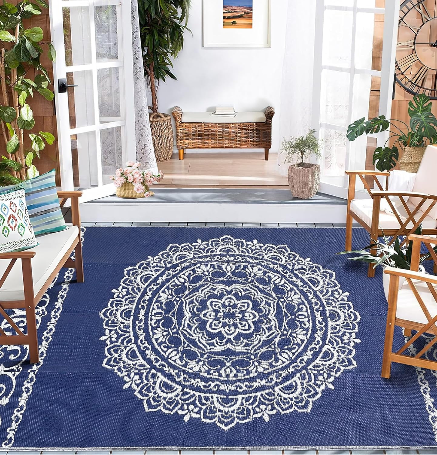 6x6 FT/5x8 FT/8x10 FT/9x12 FT/9x18 FT Outdoor Rug for Picnic Washable Non-Slip Balcony Carpet Vintage Floral Rug Stain-Resistant Easy-Clean Plastic Area Rug for Patio Backyard Farmhouse Beach Camping
