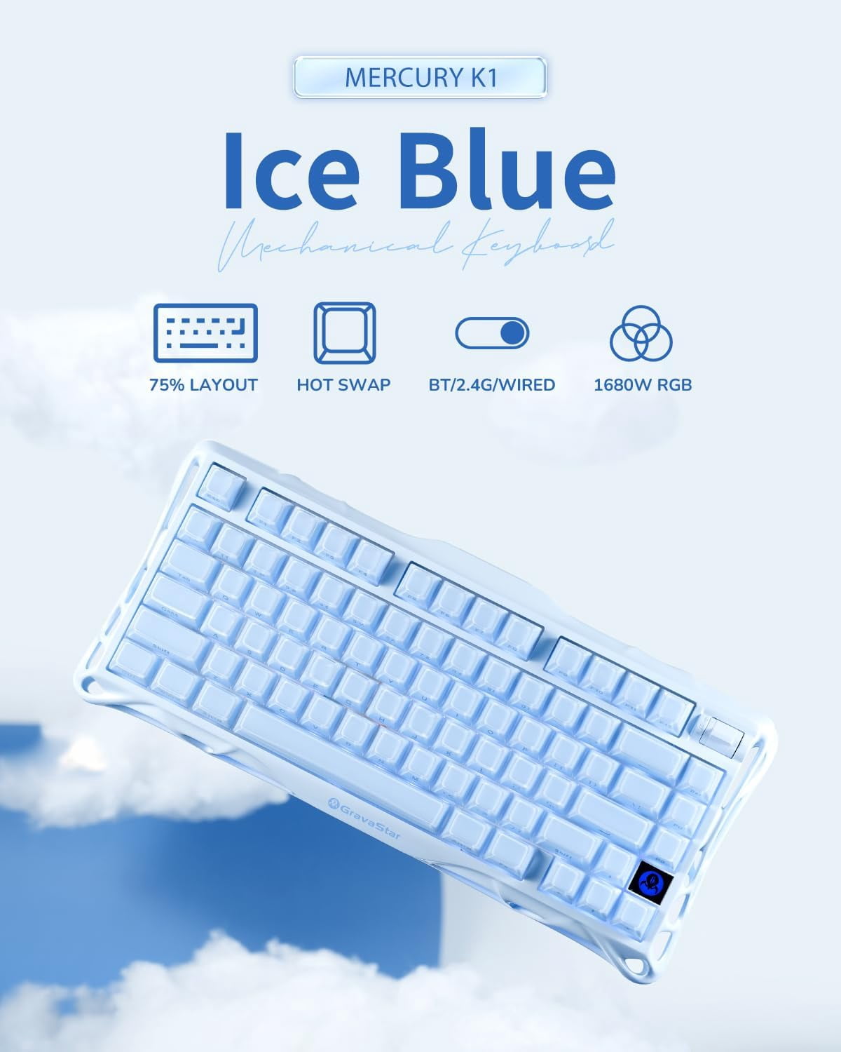 GravaStar Mercury K1 75% Wireless Mechanical Keyboard, Gasket Mount, 8000mAh Battery, Kailh Cherry Pink Linear Switches, RGB Lighting - Ice Blue