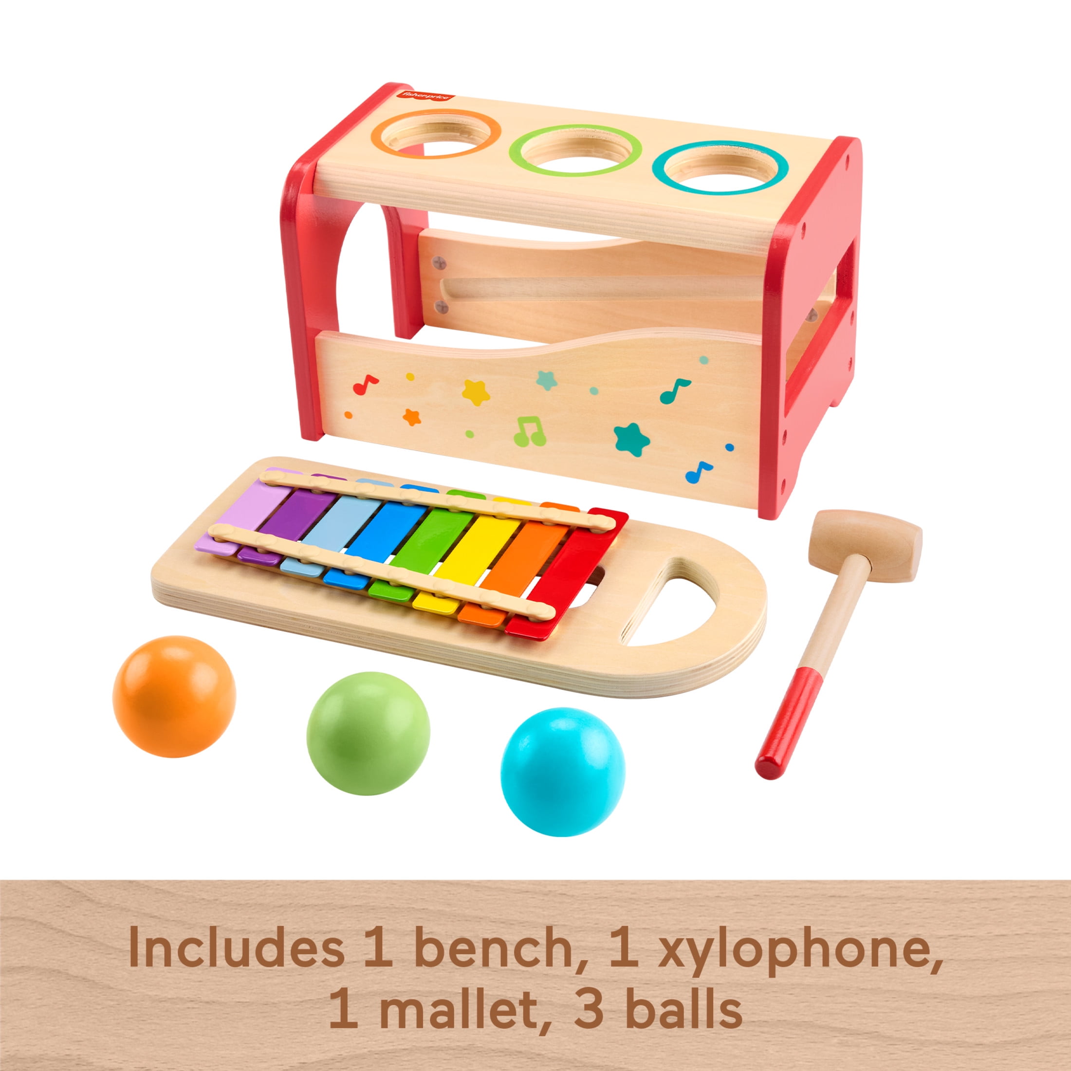 Fisher-Price Wooden Pound & Tap Bench Xylophone Musical Instrument Toy for Toddlers 18+ Months, 6 Pc