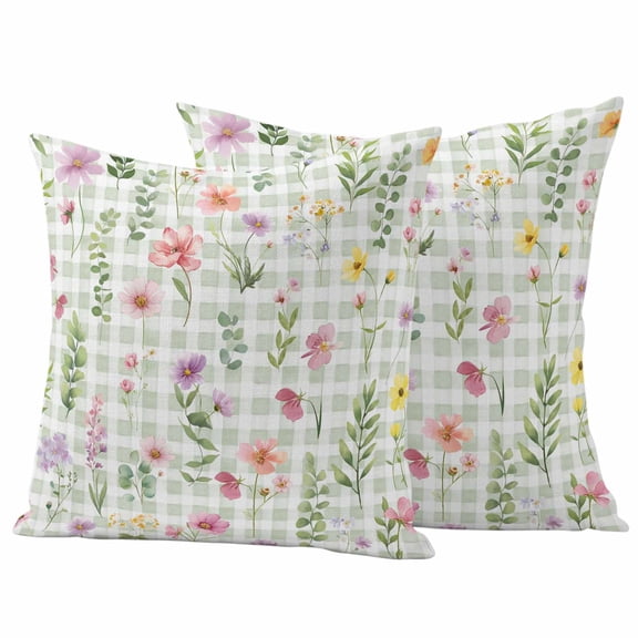 Outdoor Pillow Covers 16x16 Set of 2, Spring Floral Waterproof Patio Throw Pillow Covers for Couch Sofa Chair, Pink Flowers Green Plaid Pastoral Decorative Pillowcases for Throw Pillows
