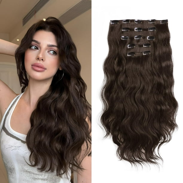 StrRid Extensión ondulada de color marrón oscuro con clip de 18.0 in de largo, clips gruesos sintéticos en la pieza de cabello para mujeres, 5 piezas de extensiones rizadas naturales de cabeza complet