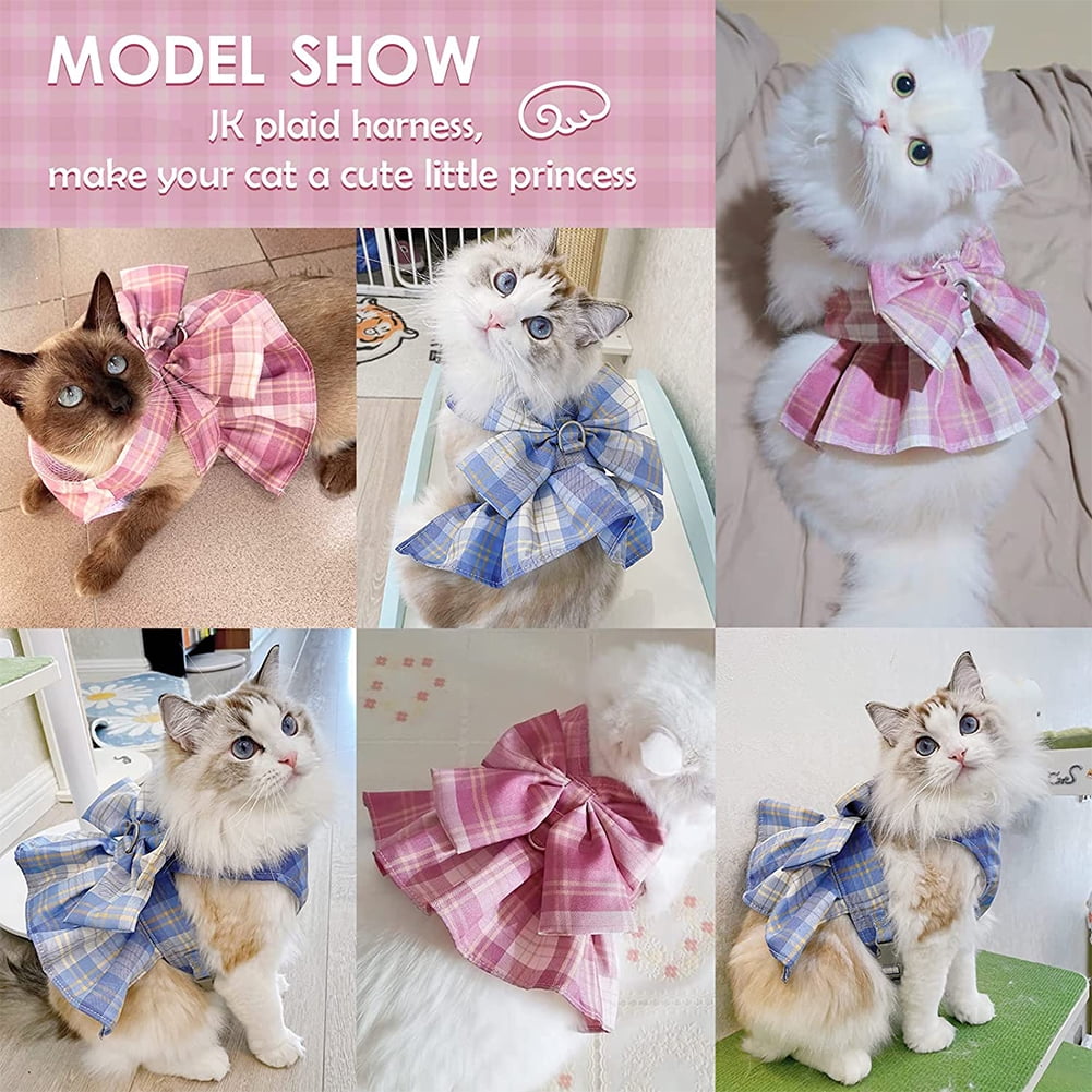 BURIBURI Dog Cat Harness with Leash Set, Doggy Dress Plaid Puppy Girl Skirt with Lead Rope, Cute No Pull Comfort Dog Harness Breathable Lightweight Vest Jacket for Rabbits Outdoor Training Walking