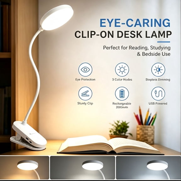 Cordless Rechargeable Clip On Desk Lamp Thick Flexible 360° Gooseneck 450 Lumen Eye Protect Light,3 Lighting Modes,5-30H Long Life Battery for Bed Headboard Desk Puzzle Craft ,White 1 Pcs