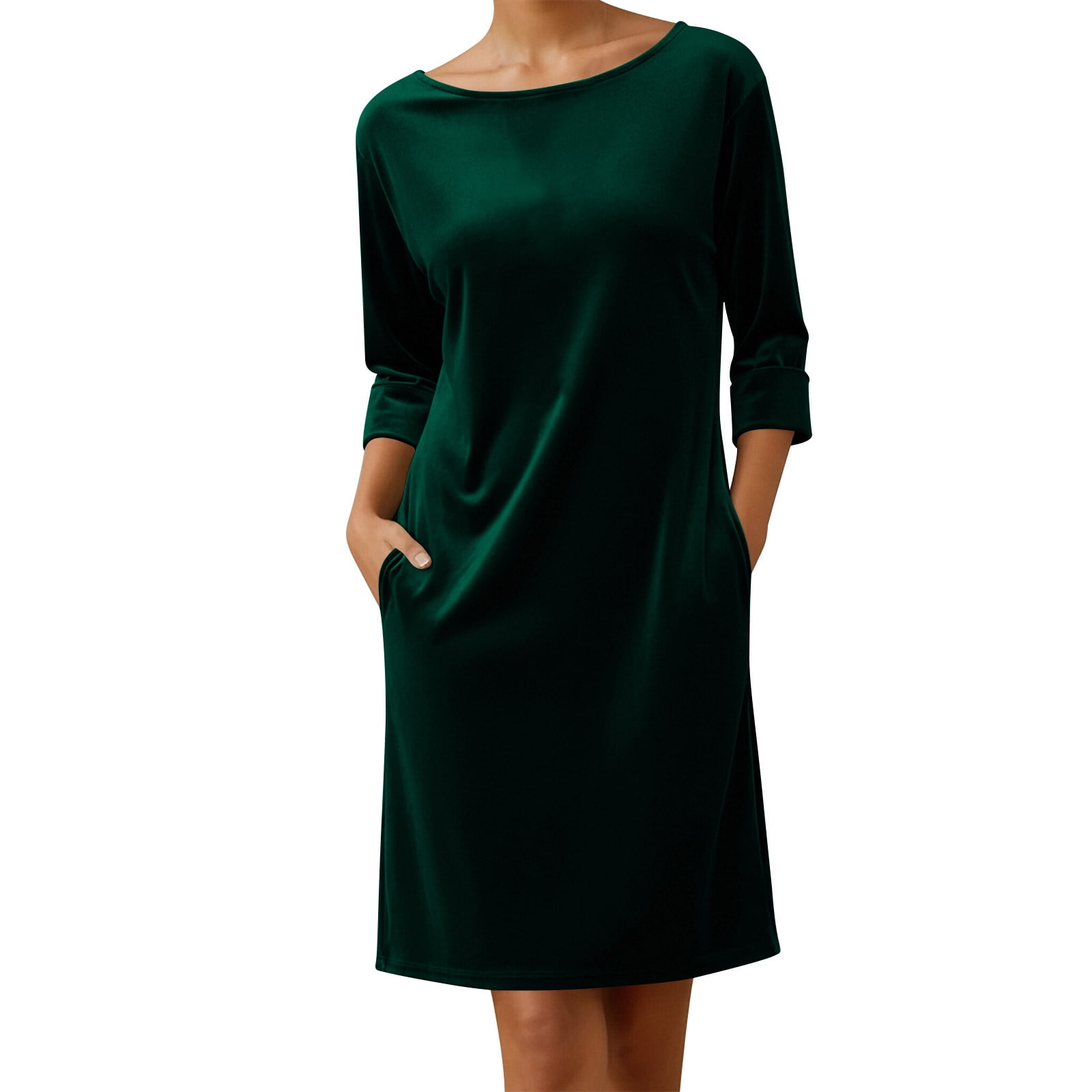 Women Velvet Dresses 3/4 Sleeve Shirt Dress Vintage Velvet Solid Color  Crewneck Midi Tunic Dress Casual Fall Outfits with Pockets - Walmart.com