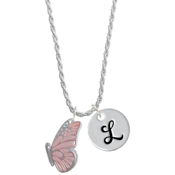 Delight Jewelry Silvertone Large Translucent Pink Flying Butterfly Silvertone Script Initial Disc - L - Charm Necklace, 20"+3"