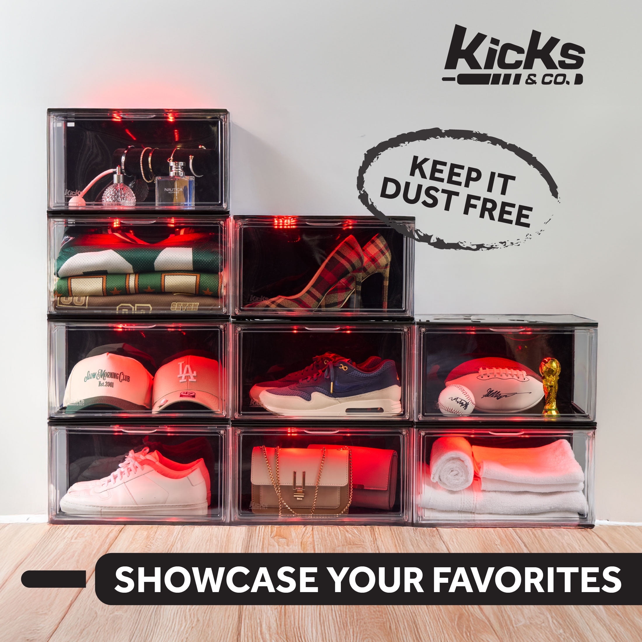 Kicks & Co XL Clear Plastic Stackable Shoe Storage Box for Sneakers Remote Control LED Light Fits Up to Size 13