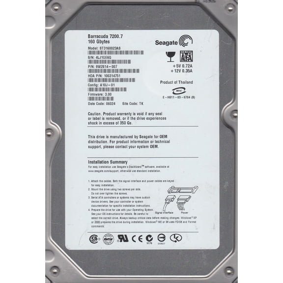ST3160023AS, 4LJ, TK, PN 9W2814-007, FW 3.00, Seagate 160GB SATA 3.5 Hard Drive