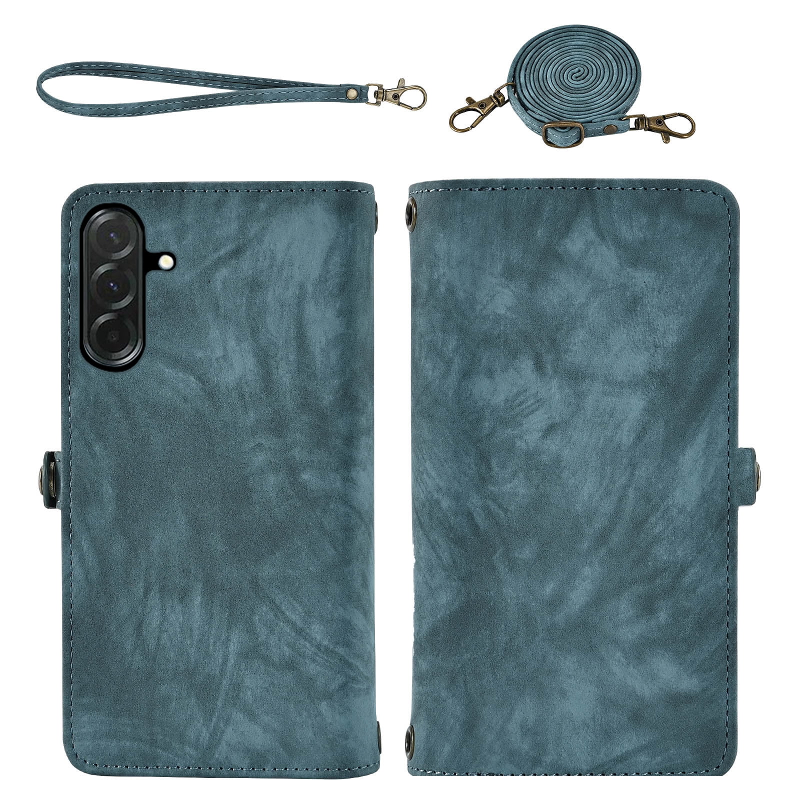 Asuwish Phone Case for Samsung Galaxy A36 5G Zipper Wallet Detachable Cell Cover with Tempered Glass Screen Protector Crossbody Lanyard Strap Flip Card Holder A 36 36A LTE SM-A366U Women Girls Blue