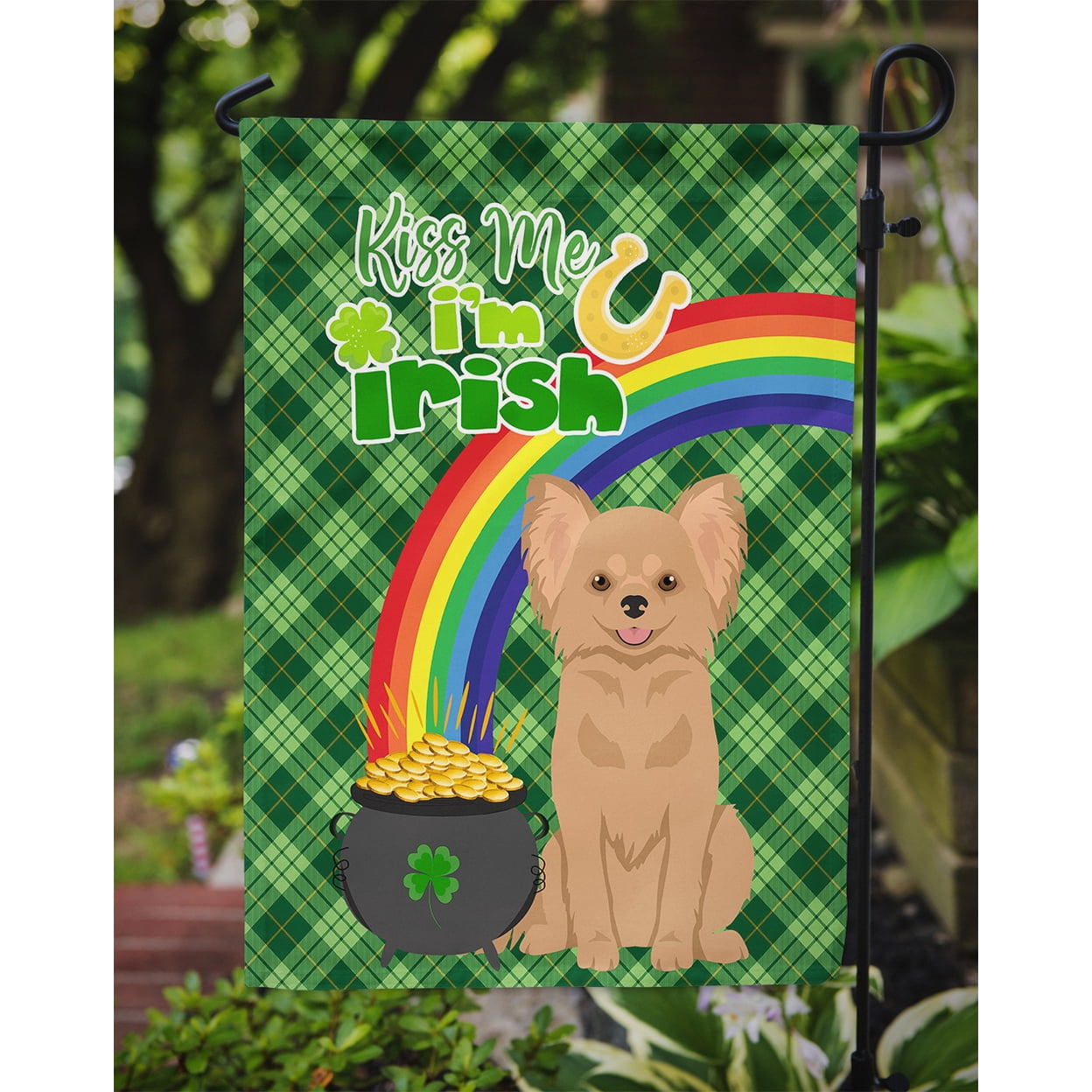 Longhaired Gold Chihuahua St. Patrick's Day Flag Garden Size 11.25 in x 15.5 in